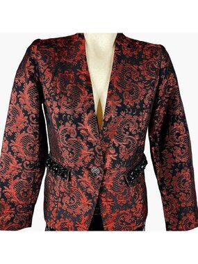 Chicos 00 Paisley Damask Jacket XS Sz 2  Red Black Beaded Pockets